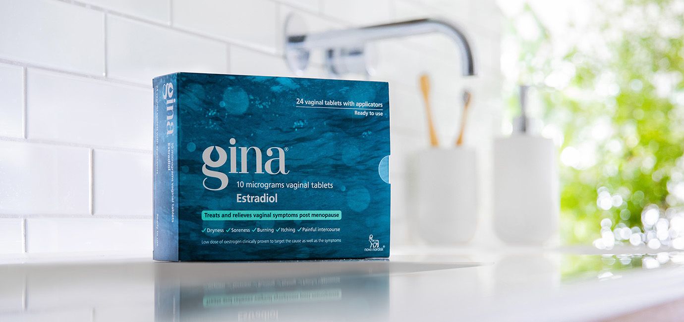 Gina by Novo Nordisk pack sitting on a bathroom shelf